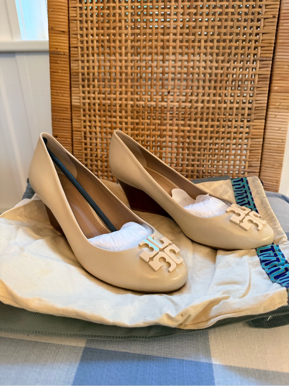 Tory Burch Cream Leather Wedge Pumps with Logo Plaque